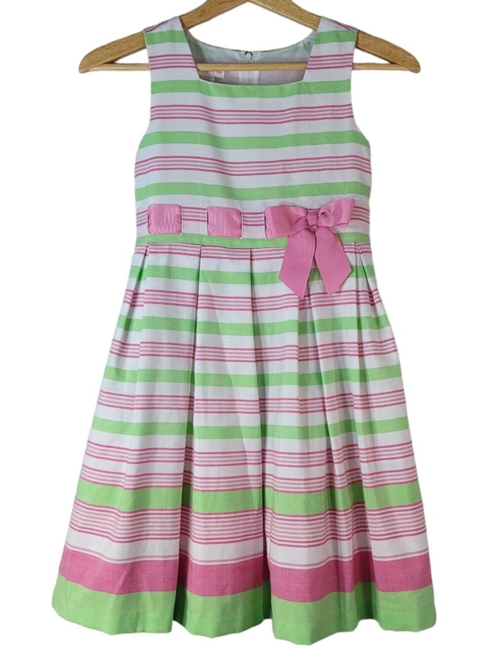 Bonnie Jean Girls Sleeveless Dress Pink Green SZ 10 Stripe Zip Wide Pleat Spring